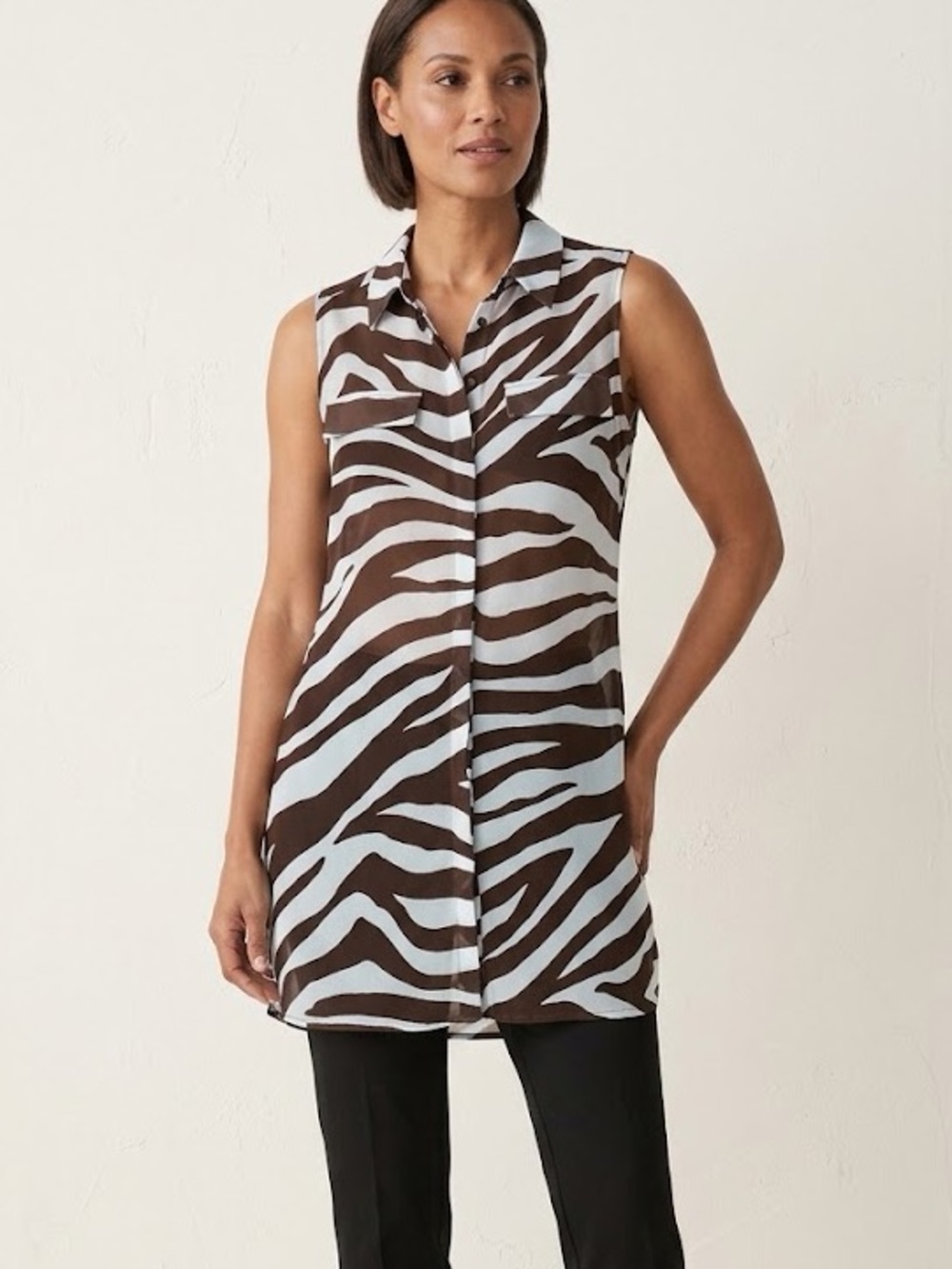 Chico’s Women Zebra Print Sheer Sleeveless Button Front Tunic Top Shirt 1 Brown